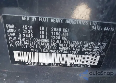 2015 Subaru Legacy 2.5I Premium z USA, uszkodzony, nr VIN 4S3BNAC6XF3061007